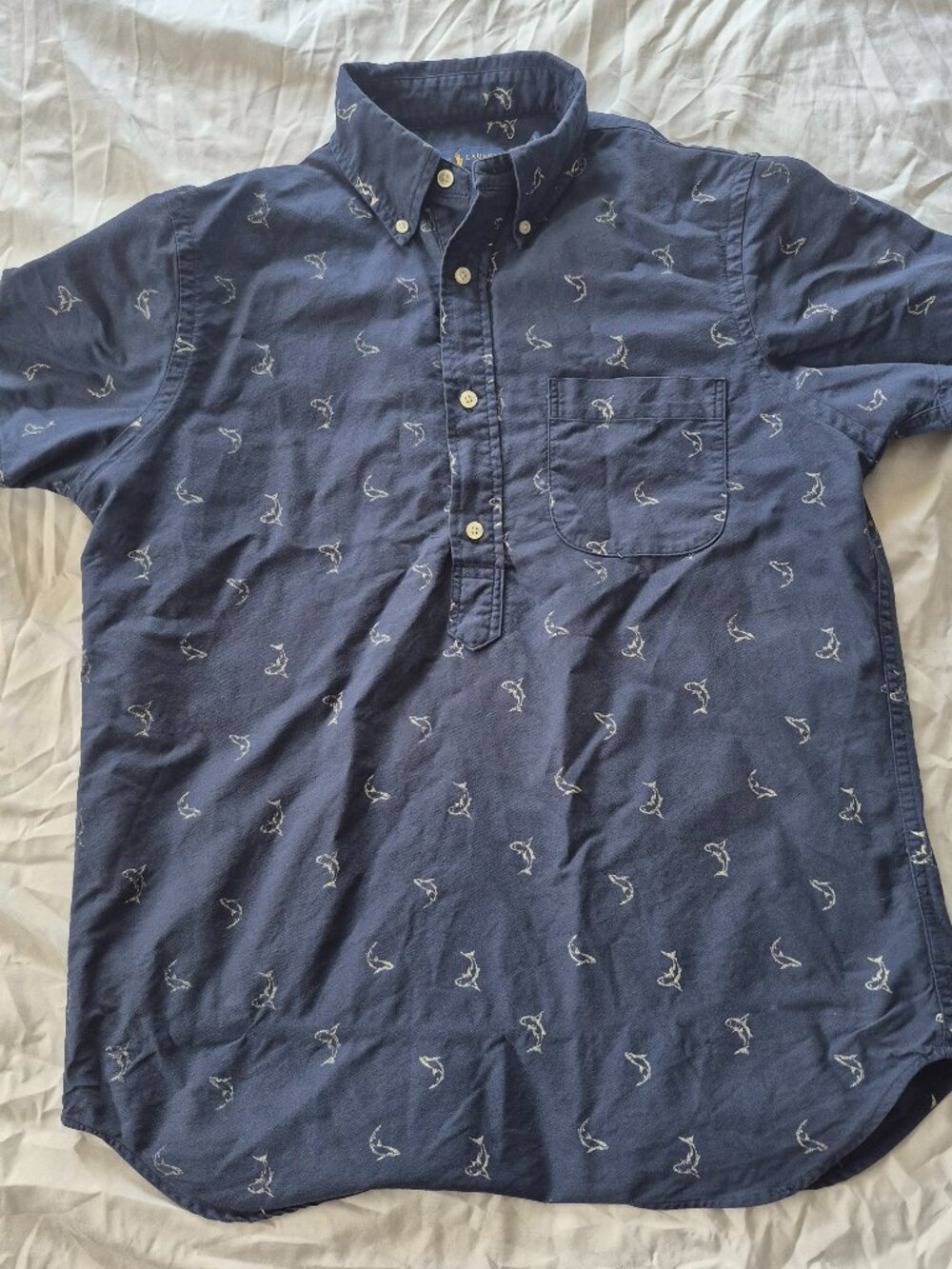 Ralph Lauren Navy Shark Print Popover Shirt Men's Small Short Sleeve Button-Down